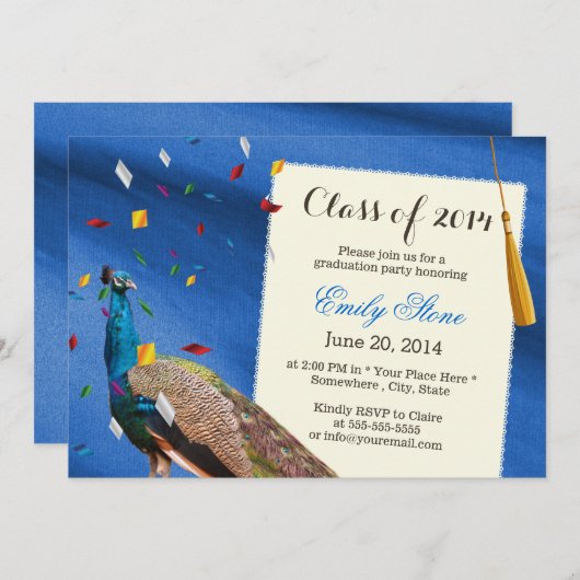 Elegant Peacock Royal Blue Graduation Party Kaart (Voorkant / Achterkant)