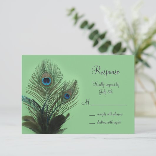 Elegant Peacock RSVP (groen) Kaartje (Staand voorkant)