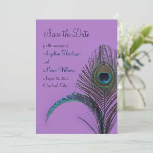 Elegant Peacock Save the Date (paars) (Staand voorkant)