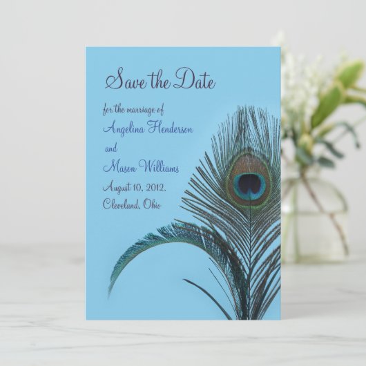 Elegant Peacock Save the Date (turquoise) (Staand voorkant)