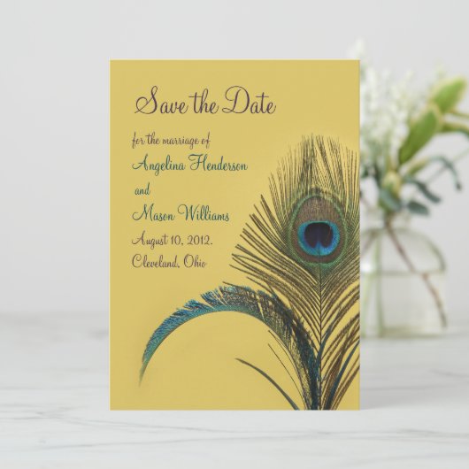 Elegant Peacock sparen de Datum (geel) Save The Date (Staand voorkant)