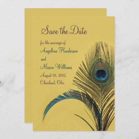Elegant Peacock sparen de Datum (geel) Save The Date (Voorkant / Achterkant)