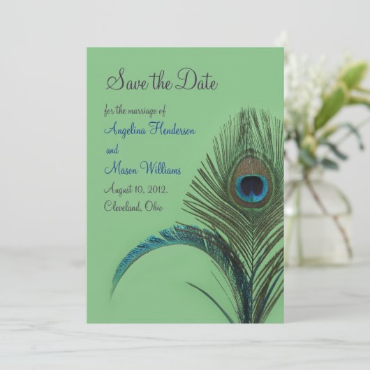 Elegant Peacock sparen de Datum (groen) Save The Date (Staand voorkant)