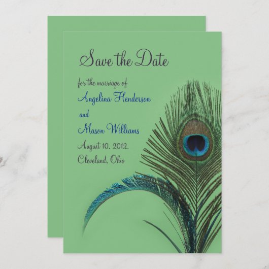 Elegant Peacock sparen de Datum (groen) Save The Date (Voorkant / Achterkant)
