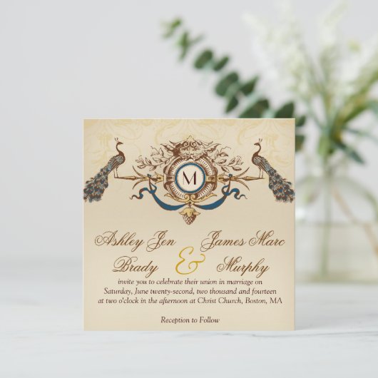 Elegant  Peacock Square Wedding Invitation Kaart (Staand voorkant)