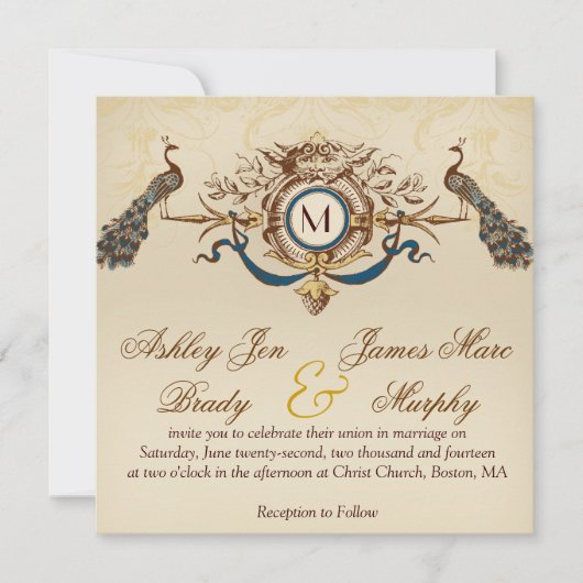Elegant  Peacock Square Wedding Invitation Kaart (Voorkant)