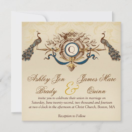 Elegant Peacock Square Wedding Invitation Kaart (Voorkant)