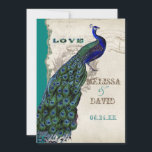 Elegant  Peacock Tail Feathers Script Kaart<br><div class="desc">Er zit een vleugje grilligheid en plezier in dit ontwerp met een pauw in volle intense kleuren van kobalt, pauw en aqua blauw met paarse en groene. Je hebt de keuze uit achtergrondkleuren, hier weergegeven in pauw of blauwgroen blauw. Selecteer tijdens het aanpassen gewoon "bewerken" en selecteer in het vervolgkeuzemenu...</div>