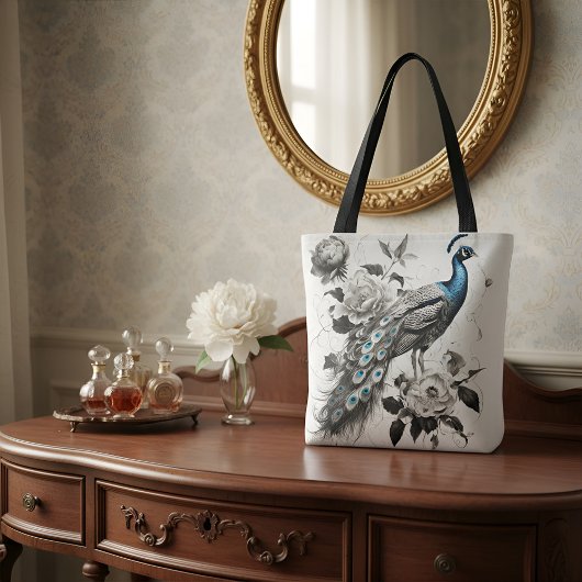 Elegant Peacock Tote Bag with Floral Illustration