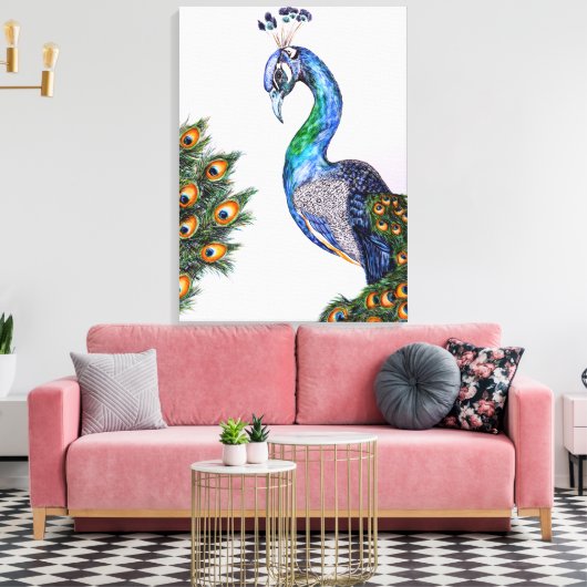 Elegant Peacock Waterverf Roze Canvas Afdruk (Insitu (Woonkamer))