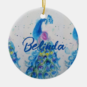 Elegant Peacock Waterverf Vogelvogels Navy Blue Keramisch Ornament