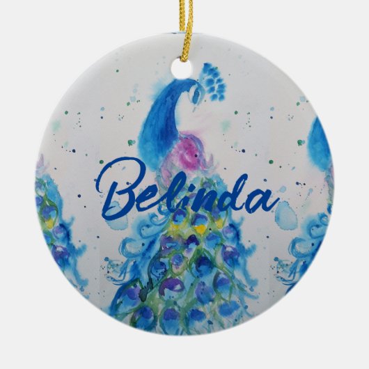 Elegant Peacock Waterverf Vogelvogels Navy Blue Keramisch Ornament (Voorkant)