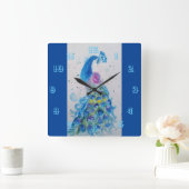 Elegant Peacock Waterverf Vogelvogels Navy Blue Vierkante Klok (Huis)