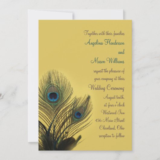 Elegant Peacock Wedding Invitation (geel) Kaart (Voorkant)