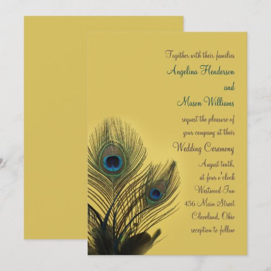 Elegant Peacock Wedding Invitation (geel) Kaart (Voorkant / Achterkant)
