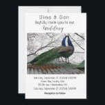 Elegant Peacock Wedding Invitation Kaart<br><div class="desc">Leg de essentie van elegantie en natuurlijke schoonheid vast met deze prachtige huwelijksuitnodiging met een paar majestueuze pauwen die sierlijk op een dak liggen. Het levendige verenkleed en de ingewikkelde veerpatronen creëer een adembenemend display. De achtergrond toont kale boomtakken tegen een bewolkte hemel. Peacocks symboliseren schoonheid, gratie en liefde, waardoor...</div>