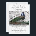Elegant Peacock Wedding Invitation Kaart<br><div class="desc">Leg de essentie van elegantie en natuurlijke schoonheid vast met deze prachtige huwelijksuitnodiging met een paar majestueuze pauwen die sierlijk op een dak liggen. Het levendige verenkleed en de ingewikkelde veerpatronen creëer een adembenemend display. De achtergrond toont kale boomtakken tegen een bewolkte hemel. Peacocks symboliseren schoonheid, gratie en liefde, waardoor...</div>