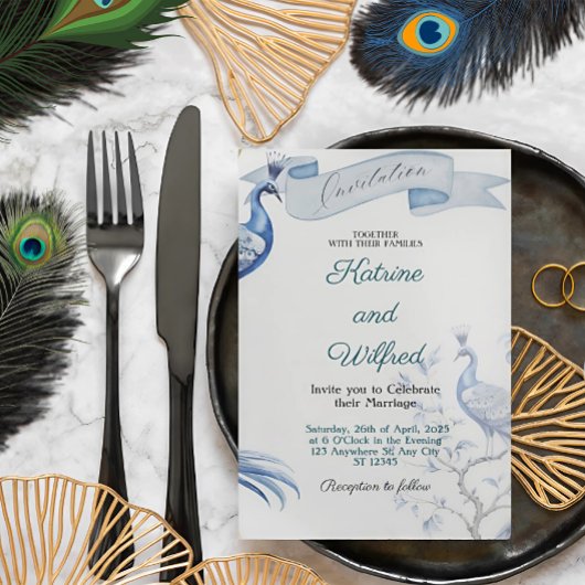 Elegant Peacock Wedding Invitation Kaart