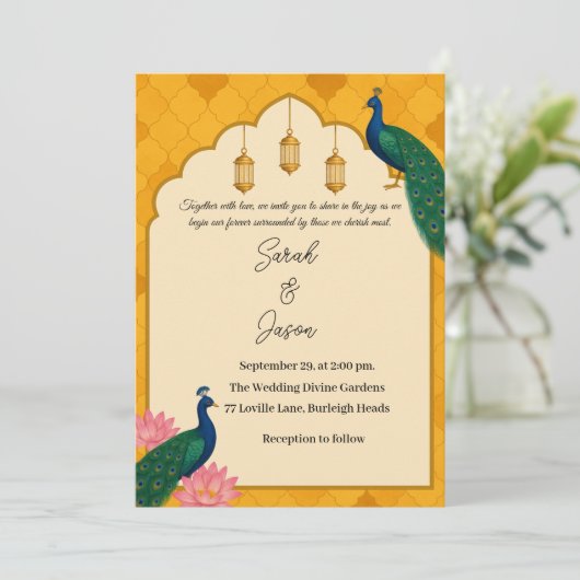 Elegant Peacock Wedding Invitation Kaart (Staand voorkant)