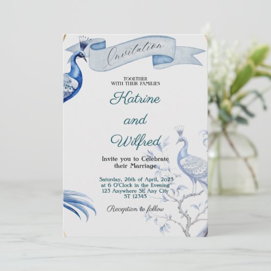 Elegant Peacock Wedding Invitation Kaart (Staand voorkant)