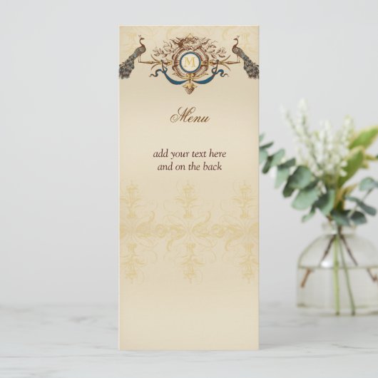 Elegant Peacock Wedding Menu Cards (Staand voorkant)