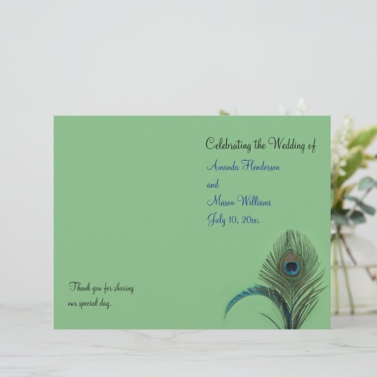 Elegant Peacock Wedding Programme (groen) (Staand voorkant)