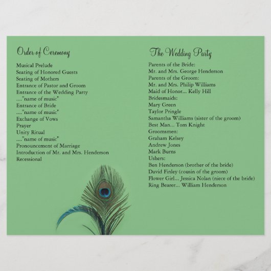 Elegant Peacock Wedding Programme (groen) (Achterkant)
