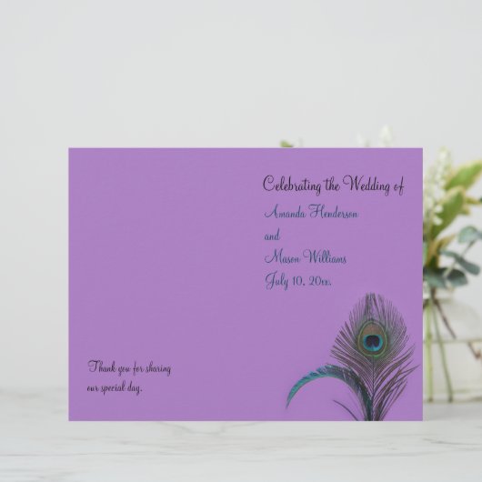 Elegant Peacock Wedding Programme (paars) (Staand voorkant)