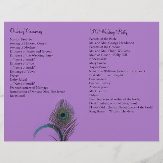 Elegant Peacock Wedding Programme (paars) (Achterkant)