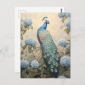Elegant Peacock with Blue Hydrangeas Oil Painting Briefkaart (Voorkant / Achterkant)