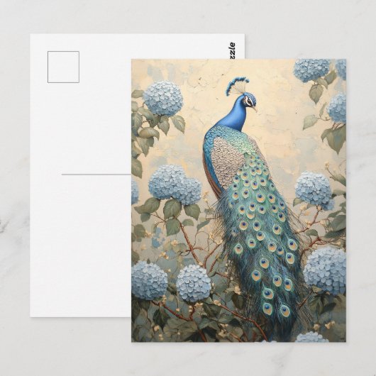 Elegant Peacock with Blue Hydrangeas Oil Painting Briefkaart (Voorkant / Achterkant)