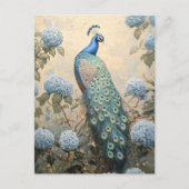Elegant Peacock with Blue Hydrangeas Oil Painting Briefkaart (Voorkant)