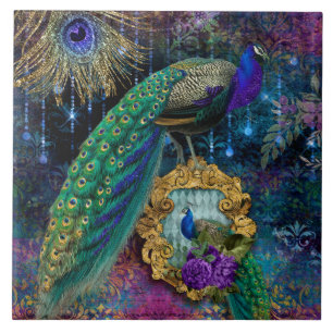 Elegant Peacocks w Feathers Gold Glitter  C Tegeltje