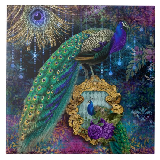 Elegant Peacocks w Feathers Gold Glitter  C Tegeltje (Voorkant)