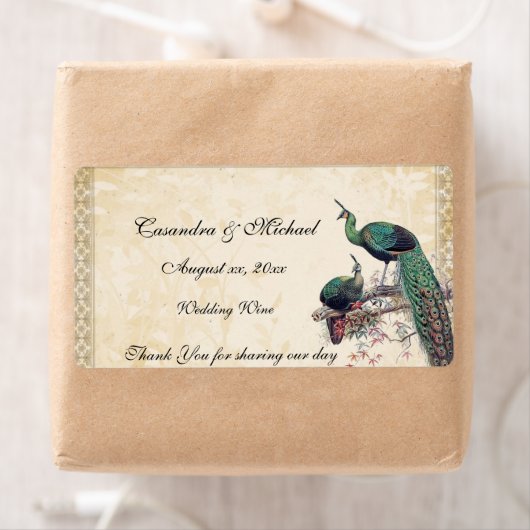 Elegant Peacocks Wedding Wine Label (Insitu)