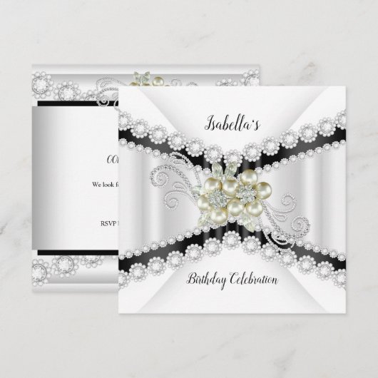 Elegant Pearl Black White Diamond Birthday Party Kaart (Voorkant / Achterkant)