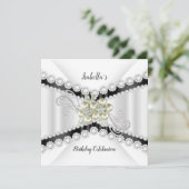 Elegant Pearl Black White Diamond Birthday Party Kaart (Staand voorkant)