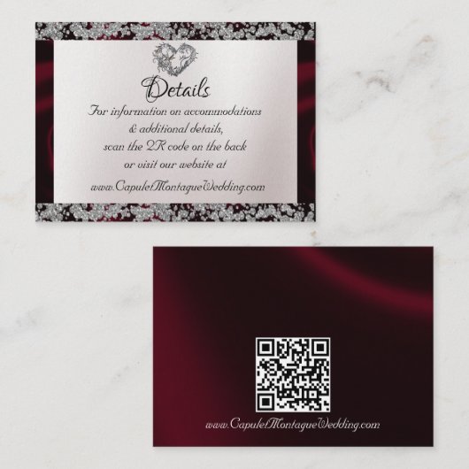 Elegant Pearl, Bourgogne Ribbon & Sparkle QR Code Informatiekaartje (Voorkant / Achterkant)