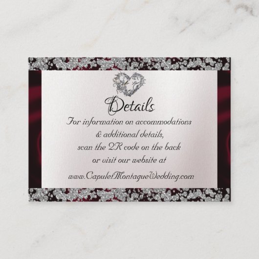 Elegant Pearl, Bourgogne Ribbon & Sparkle QR Code Informatiekaartje (Voorkant)