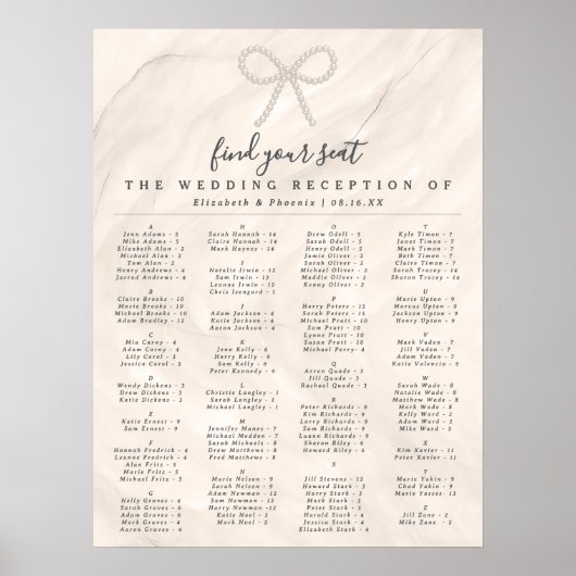 Elegant Pearl Bow Alphabetical Guest Seating Chart Poster (Voorkant)