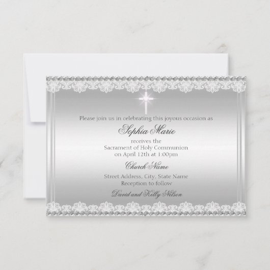 Elegant Pearl Bow & Cross First Heilige Communie Kaart (Achterkant)