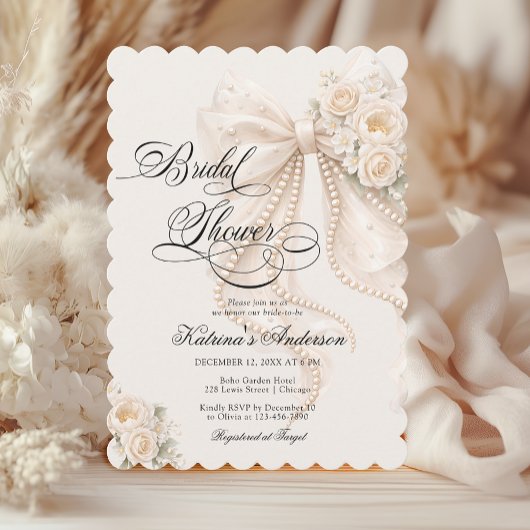 Elegant Pearl Bow Floral Bridal Shower  Kaart