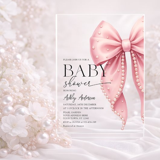 Elegant Pearl Bow Girl Baby shower Acryl Uitnodigingen