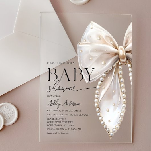 Elegant Pearl Bow Girl Baby shower Acryl Uitnodigingen