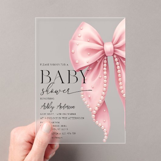 Elegant Pearl Bow Girl Baby shower Acryl Uitnodigingen (Insitu (Draagbaar))