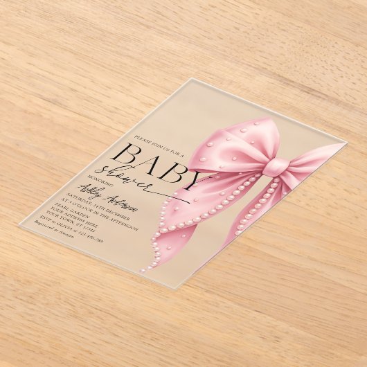 Elegant Pearl Bow Girl Baby shower Acryl Uitnodigingen (Laagn)