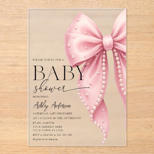 Elegant Pearl Bow Girl Baby shower Acryl Uitnodigingen (Voorkant)