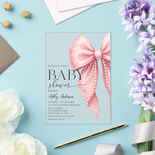 Elegant Pearl Bow Girl Baby shower Acryl Uitnodigingen (Insitu (Huwelijk))