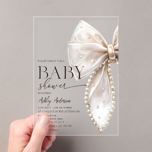 Elegant Pearl Bow Girl Baby shower Acryl Uitnodigingen (Insitu (Draagbaar))