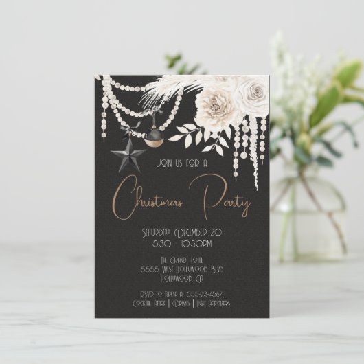 Elegant Pearl Floral Black & White Kerstparty Kaart (Staand voorkant)